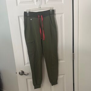 Figs Olive Cargo Jogger Pants with Pink Accents